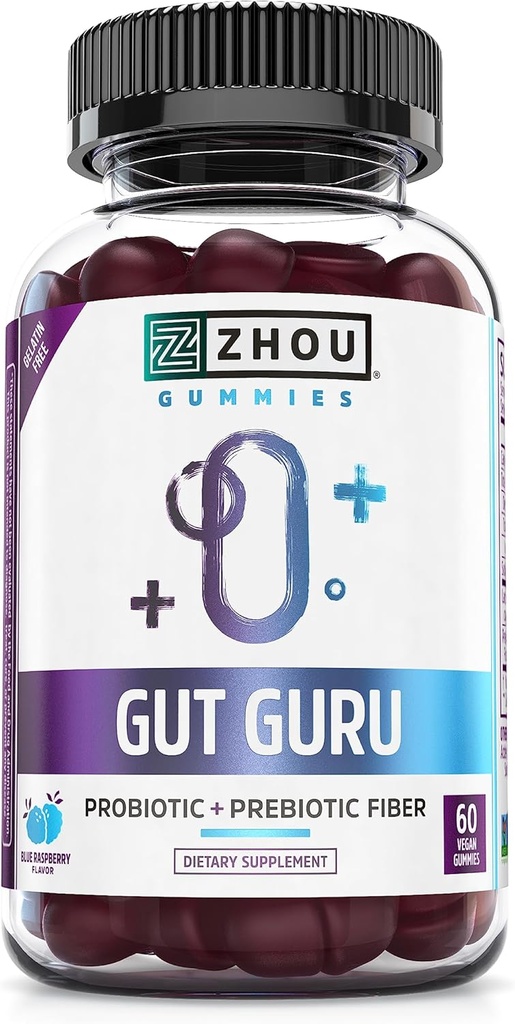 Zhou Gut Guru - Gut Health Gummies for mænd og kvinder, Prebiotic and Probiotic Fiber Supplement for fordøjelse og Gut Health - 60 Vegansk Gummies