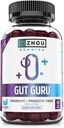 Zhou Gut Guru - Gut Health Gummies for mænd og kvinder, Prebiotic and Probiotic Fiber Supplement for fordøjelse og Gut Health - 60 Vegansk Gummies