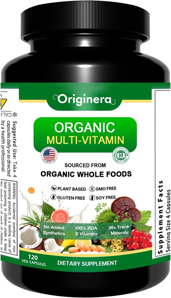 Organic Whole Foods Supplement, Multi- Vitamin: immun, hjerne & hjerte Support 124; med Prebiotics og Postbiotics Gluten & Soy Free - 120 Plant- Sourced Kapsler