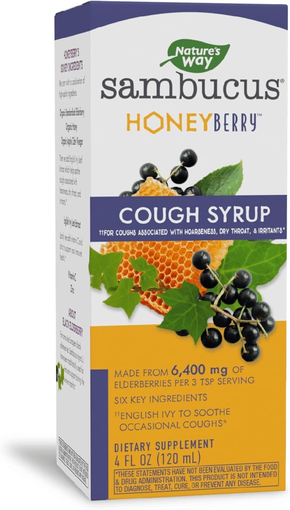 Nature 's Way Sambucus HoneyBerry Hough Syrup med Black Elderberry Extract & Organic Honey, immunforsvar *, 4 Fl. Oz