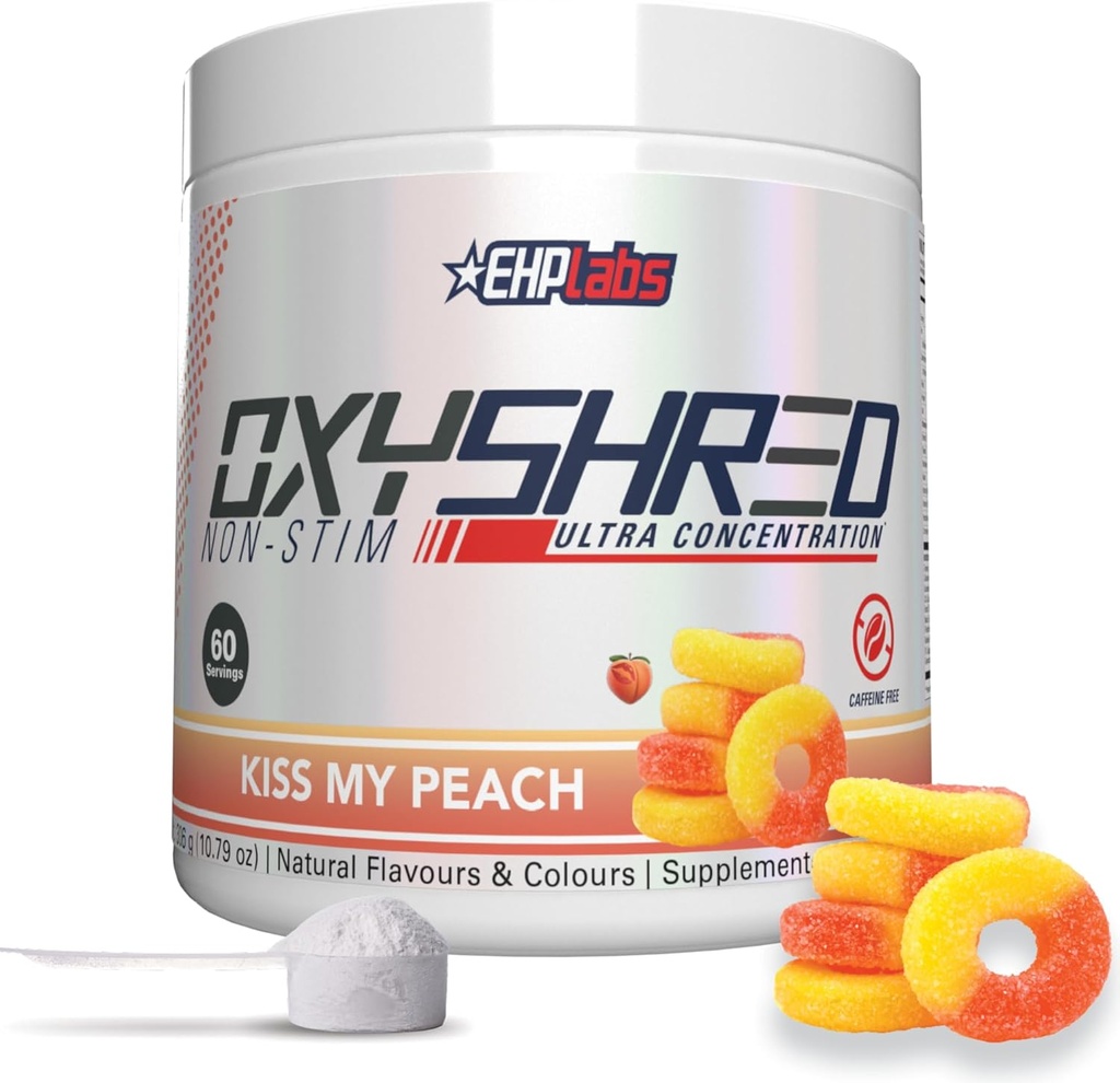 EHP Labs OxyShred Ikke Stimulant Pre Workout Powder - Stim Free Pre Workout, Koffein Gratis Preworkout for mænd og kvinder med L Glutamin & Acetyl L Carnitin - Peach, 60 Servere