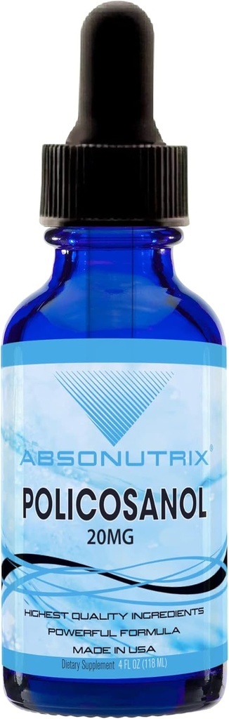 Absonutrix Policosanol 20mg, 4 Fl Oz Flaske, 200 Højt Potent Servering, Høj Biotilgængelighed, Quick Absorption, Third- Party Testet, GMP- Certificeret, Non- GMO, Cruelty- Free Products, Made in USA