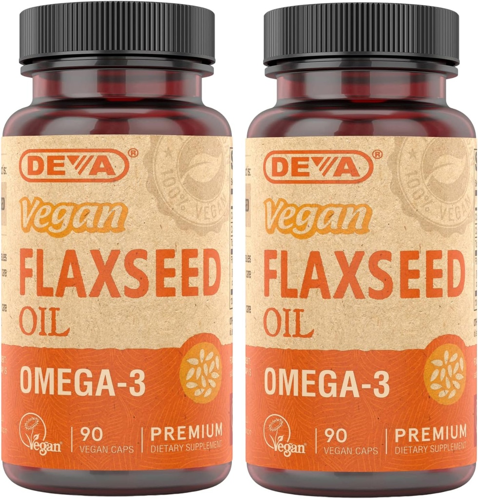 DEVA Organic Vegan Vitamins Flax Seed Oil - Rich in Omega-3, Cold-Pressed & Unrefined - 90 Capsules, 2-Pack