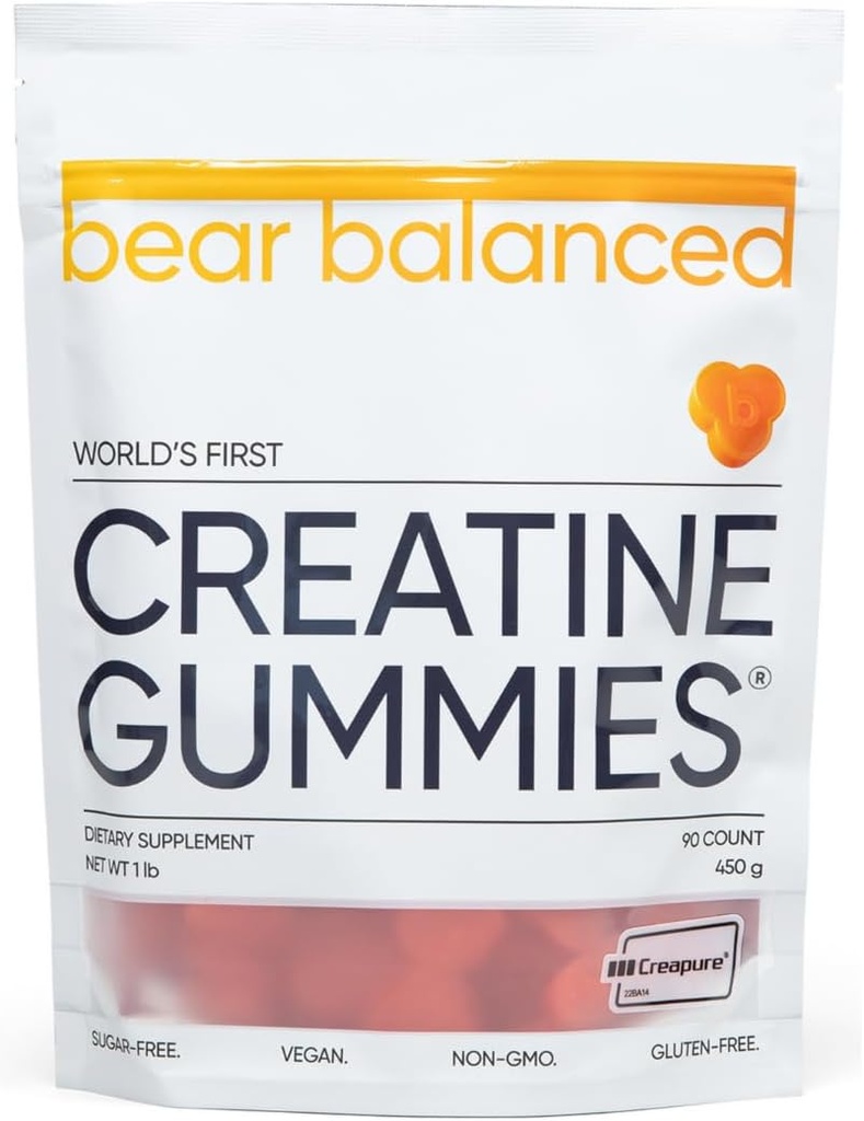 Bear Balanced Creatin Gummies for Mænd & Kvinder - Creapure ® Creatinine monohydrat, L-Theanine, L-Tyrosine & B12 for Muskelvækst, Styrke, Focus, Energy & Health - Lav kalorie, sukkerfri, & Vegan