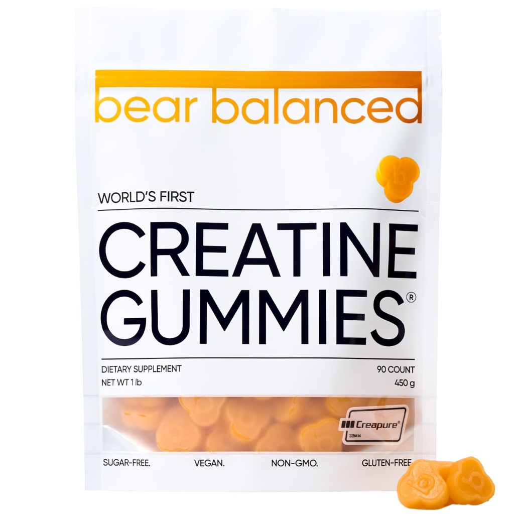 Bear Balanced Creatin Gummies for Mænd & Kvinder - Creapure ® Creatinine monohydrat, L-Theanine, L-Tyrosine & B12 for Muskelvækst, Styrke, Focus, Energy & Health - Lav kalorie, sukkerfri, & Vegan