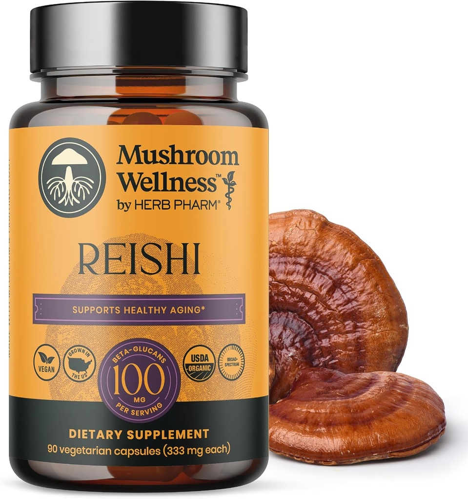 Mushroom Wellness Reishi Mushroom kapsler, med Organic Red Reishi til immunforsvar, Traditional Nervesystemet Support & Kardiovaskulær Sundhed, 90 Veganske kapsler *