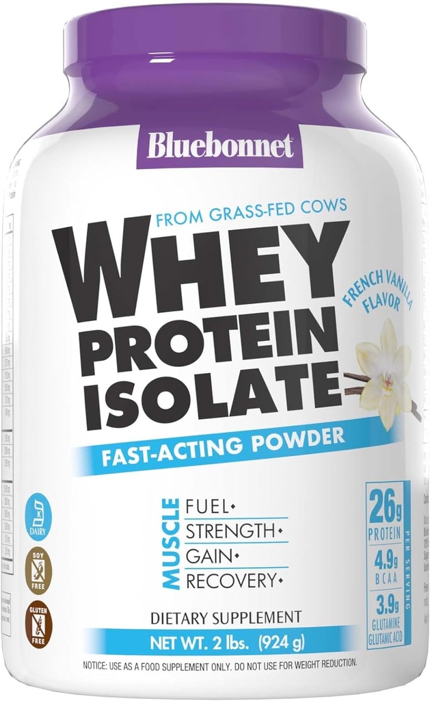 BlueBonnet Nutrition Whey Protein Isolate Powder from Grass Fed Cower, 26g Protein, Ingen Sukker Tilføjet, Gluten & Soy gratis, kosher Dairy, 2 Lbs, 28 Servering, Fransk Vanilla Flavor