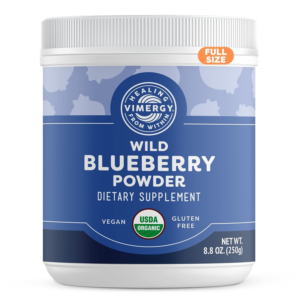 Vimergy Wild Blueberry Powder - Beskytter hjernens sundhed * - Understøtter hjerte-kar-funktion * - Økologisk, Vegan & Gluten- Free - Regelmæssig størrelse 250g