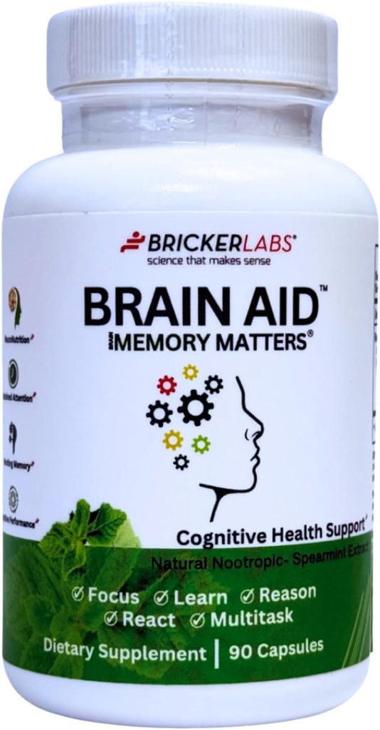 Bricker Labs Brain Aid Memory Matters - Nootrop Brain Supplement med Neumentix Spearmint Extract til kognitiv støtte, fokus, koncentration og hukommelse - 90 kapsler