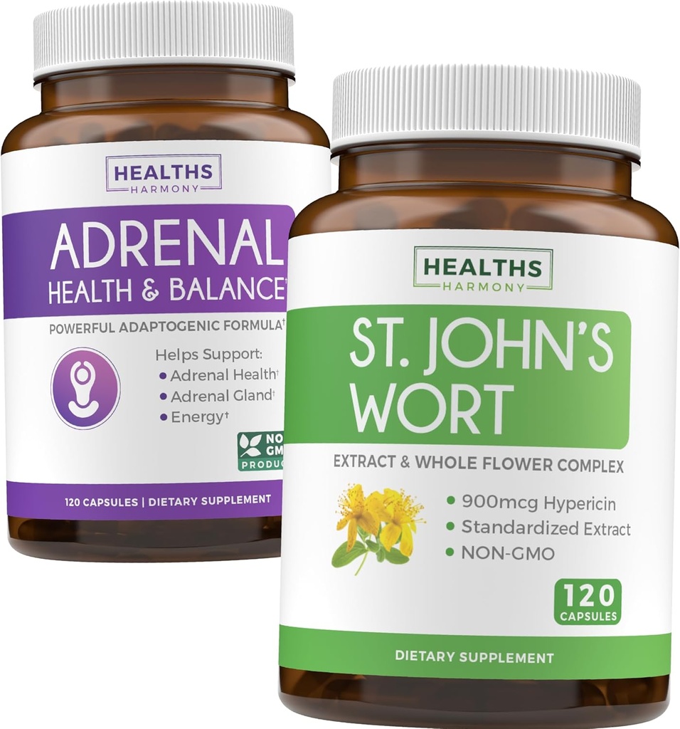Adrenal & St. John 's Wort (4- måned Supply) Mood Harmony Pack - Adrenal Support med L- Tyrosin (120 kapsler) & St. John' s Wort med Powerfil 900mcg Hypericin 500mg per kapsel (120 kapsler)