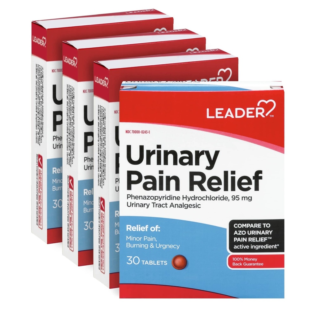 Leader- urinvejssmertelindring Maksimal styrke, hurtig lindring af UTI-smerte, brændende & akut, urinvejsinfektion Relief, Phenazopyridin Hydrochlorid 95 mg, 30 tabletter, 4 - Pack