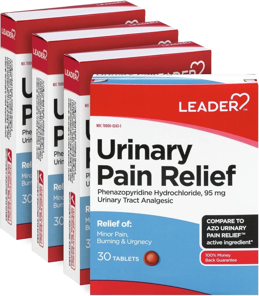 Leader- urinvejssmertelindring Maksimal styrke, hurtig lindring af UTI-smerte, brændende & akut, urinvejsinfektion Relief, Phenazopyridin Hydrochlorid 95 mg, 30 tabletter, 4 - Pack