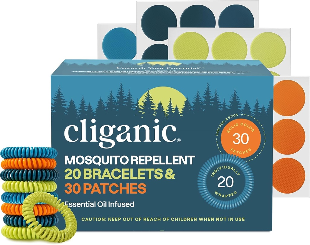 Cliganic Mosquito Repellent Armbånd Stickers Pack for børn & voksne Multi Color, Natural DEET-Free, Essential Oil Infused 20 Bands med 30 Patches, Citronella Duft (50)