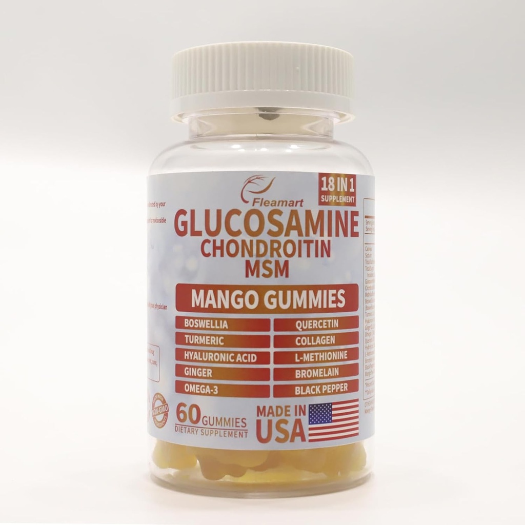 Glucosamin Chondroitin Gummies med MSM 60 CT Sukker Free Glucosamin Chondroitin Gummies Triple Styrke til fælles sundhed & immunforsvar for voksne, mænd og kvinder - Mango Flavor