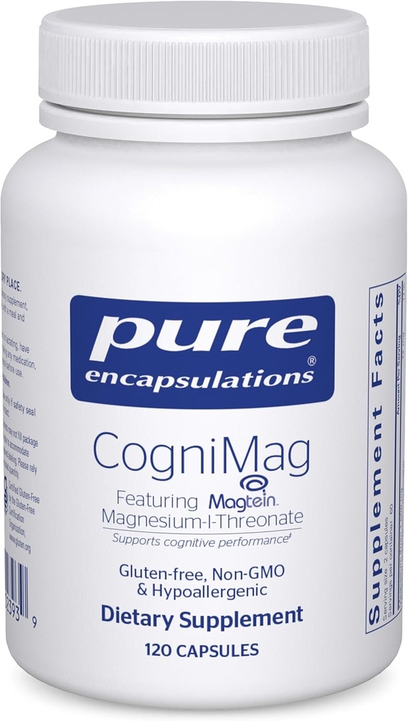 Rene indkapslinger CogniMag 120 - Magnesium- L- Threonate Supplement - Understøtter Hjerne Sundhed & Hukommelse * - Inkluderer Magtein & Polyphenol Blend - 120 Kapsler