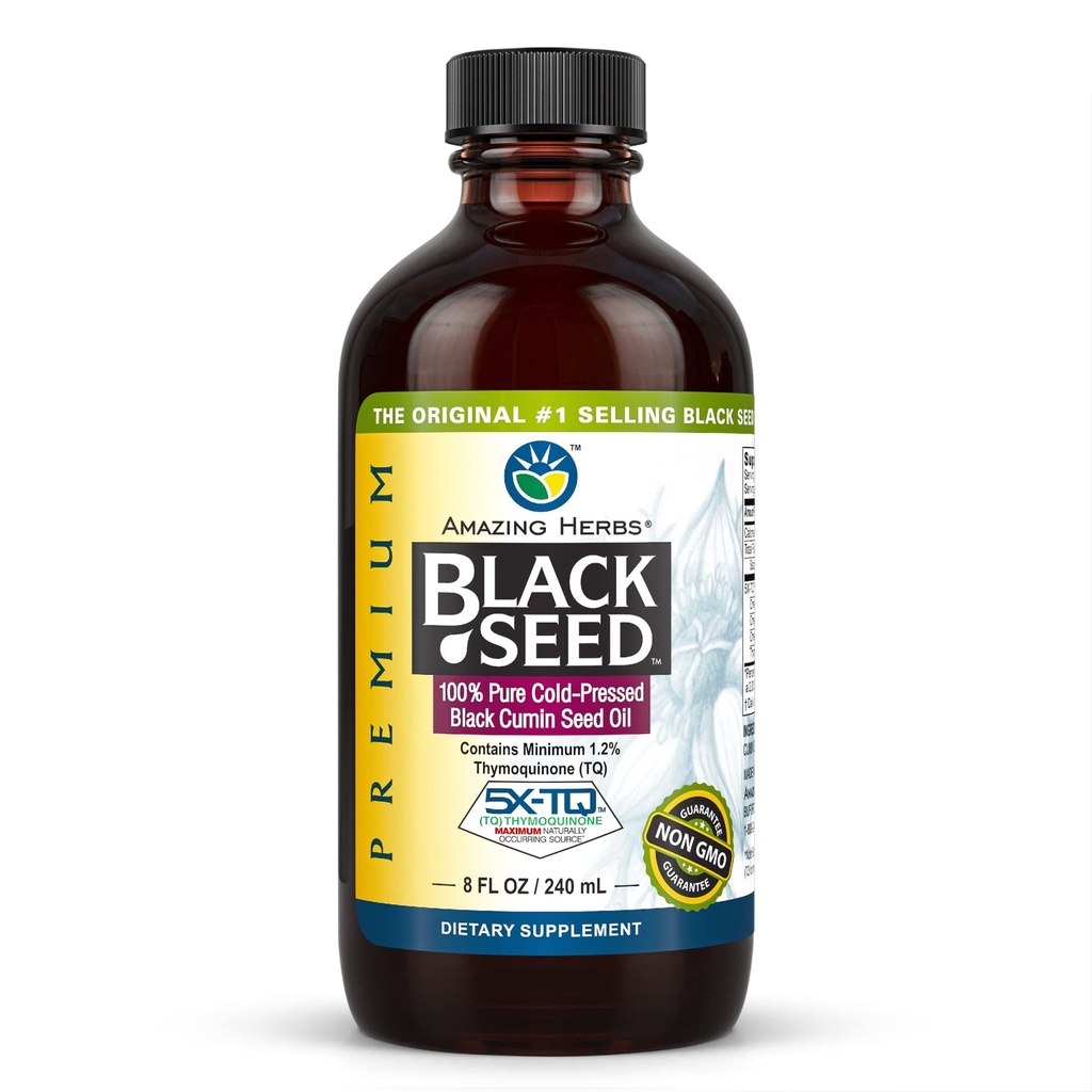 Amazing Herbs Premium Black Seed Oil - Gluten Free, Non GMO, Cold Pressed Nigella Sativa aids i fordøjelsessygdomme, immunforsvar, hjernefunktion - 8 Fl Oz