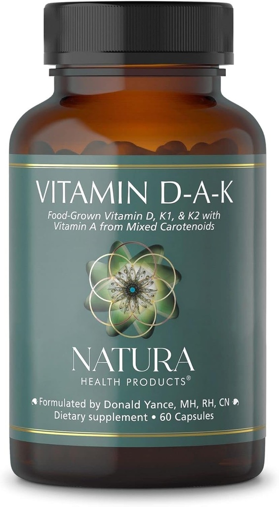 Natura Health Products Vitamin D- A- K Supplement - understøtter sund knoglen-, hjerte - og visionsfunktion, med vitaminer D3 5000 IE, A 1000 IE, K2 50 mcg, K1 550 mcg, Biotilgængelige (60 kapsler)