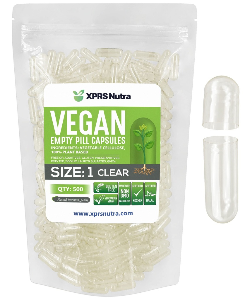 XPRS Nutra Size 1 Empty Capsules - 500 Count Clear Empty Vegan Capsules - Vegetarian Pills - DIY Vegetable Capsule Filling- Veggie Pill Caps for Do-It-Yourself Supplements