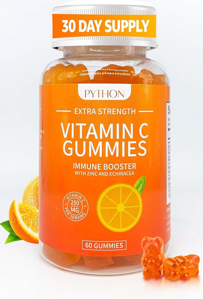 Python C-vitamin + Echinacea supplement til immunitet og lunge sundhed, understøtter Collagen produktion, hudhygiejne, immunitet og sundhed, 60 Vegansk Gummy tyggegummi til voksne & børn - 1 måned levering