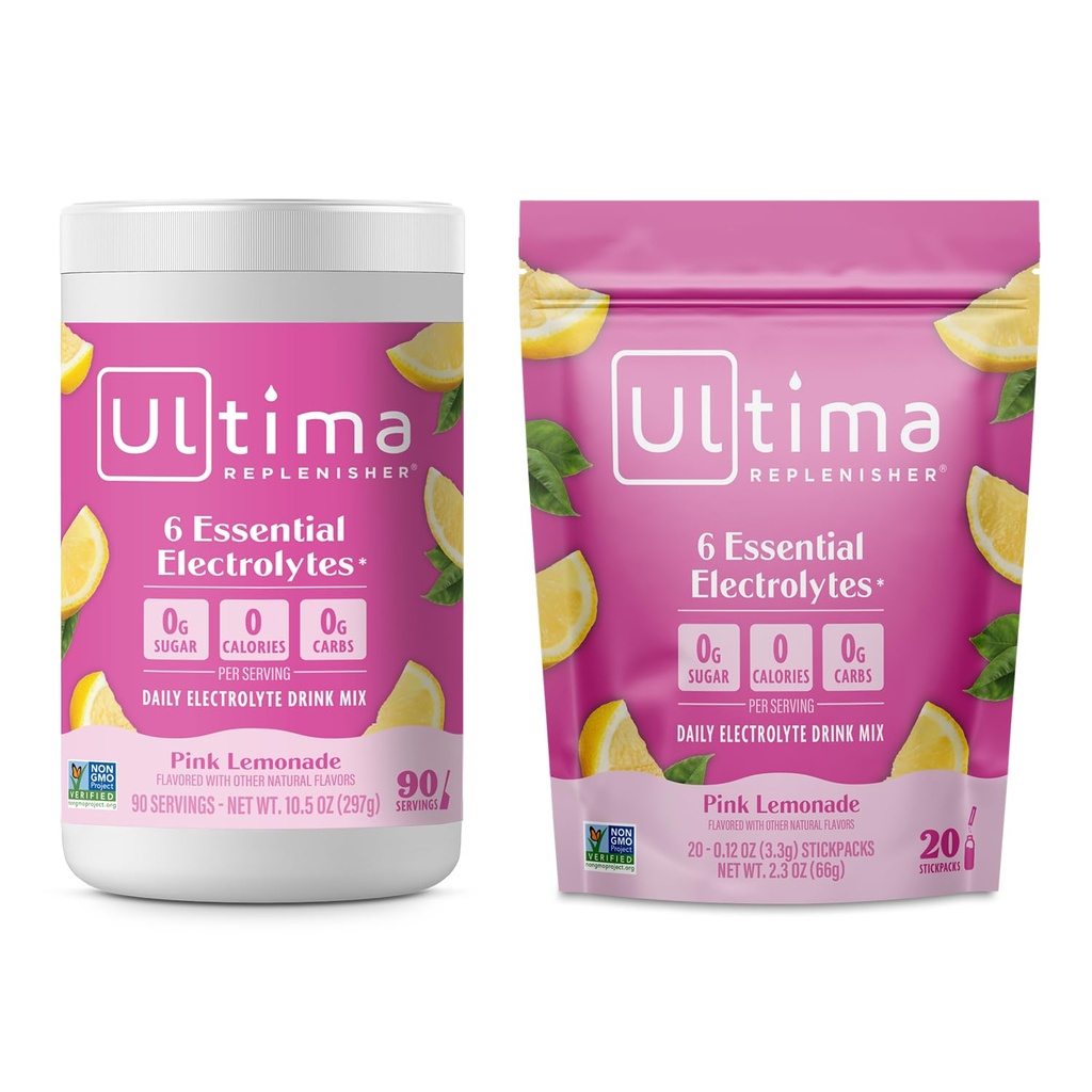 Ultima Replenisher Electrolyte Powder Drink Bundle - Sugar Free - Pink Lemonade, 90 Serving Canister og 20 Stickpacks - 6 Electrolytes and Minerals - Keto Friendly, Vegan, Non- GMO