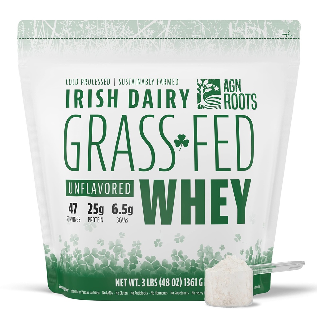 AGN Rødder Græs Fed Whey Protein Powder Isolate - Unflavored - Usødet - Certificeret hele livet på græsset - En grønnere verden - ASPCA registreret Brand List - Informed- Sport - 3lbs