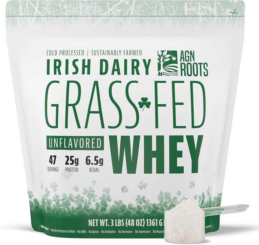 AGN Roots Grass Fed Whey Protein Powder Isolate - Unflavored - Unsweetened - Certified Entire Life On Pasture - A Greener World - ASPCA Registered Brand List - Informed-Sport - 3lbs