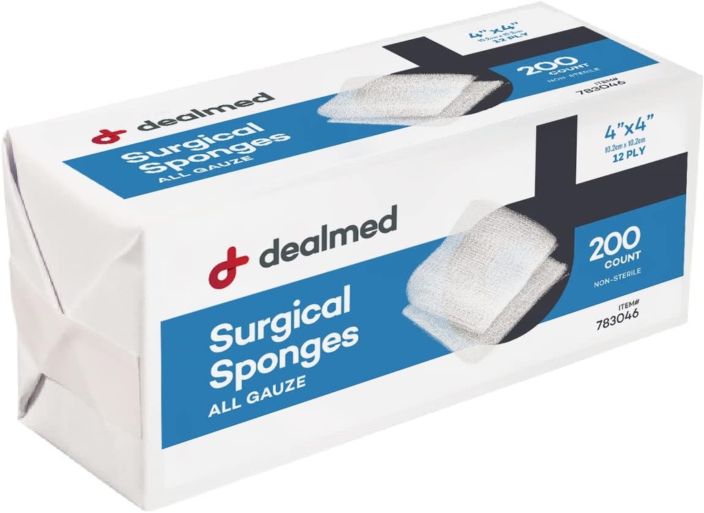 Dealmed 4 "x 4" Kirurgiske Svampe, 12-Ply, Absorbent Vævet Gauze Pads, Non- Steril Sår pleje til førstehjælp Kit og medicinske faciliteter, 200 Greve (pakke med 1)
