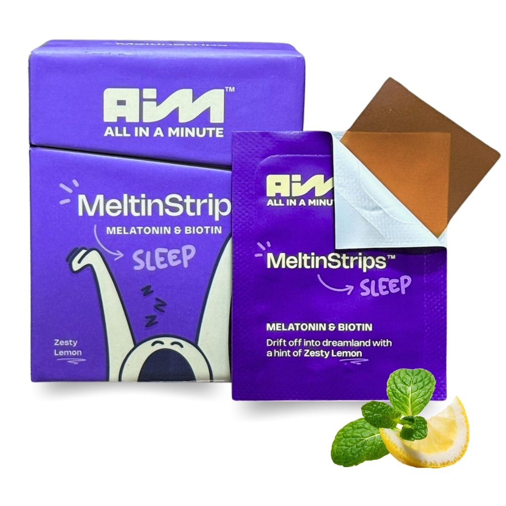 MeltinStrips ™ Fast- Actioning Sleep Strips med 5 mg Melatonin, Biotin, Valerian Root, Lemon Balm & Chamomile; Natural Sleep Aid Meap 124; Reducerer hårfaldet 124; Vegan, Sugar Free Measures 124; Zesess Lemon Flavor 30 Strips