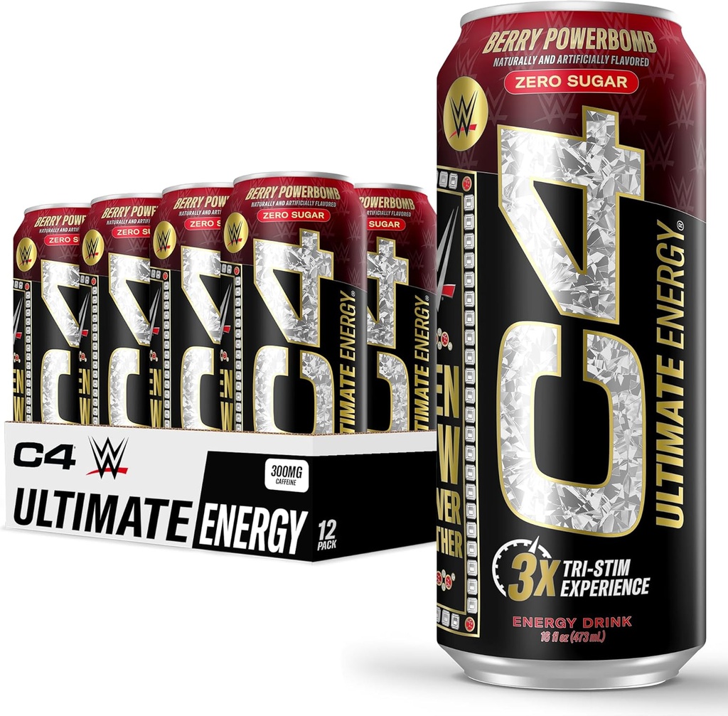 Cellucor C4 Ultimate x WWE against 124; Pre Workout Sugar Free Energy Drink 124; Tri- Stim Experience with 300mg Coffein + TeaCrine + Dynamine against 124; Berry Powerbomb against 124; 16oz (Pack of 12)