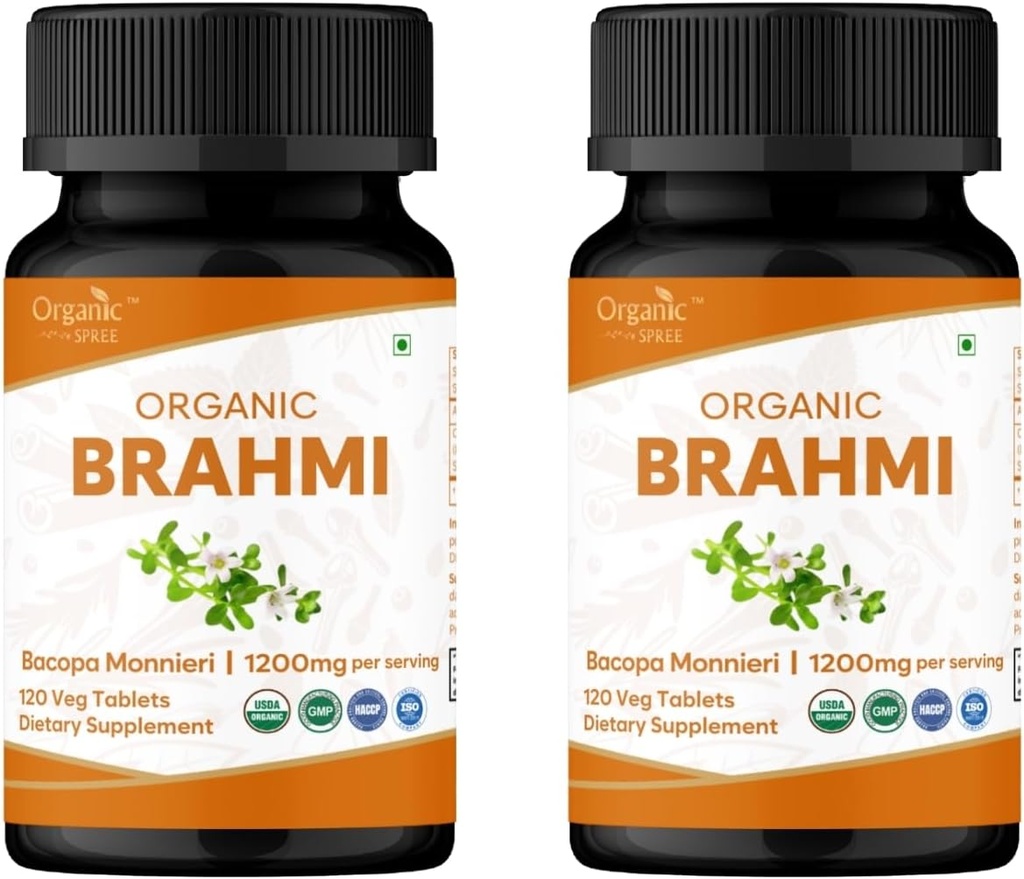 Brahmi 120 tabletter - USDA Organic Bacopa Monnieri supplement - Understøtter fokus, ro og hukommelse - Herbal Nootrop * - pakke af 2