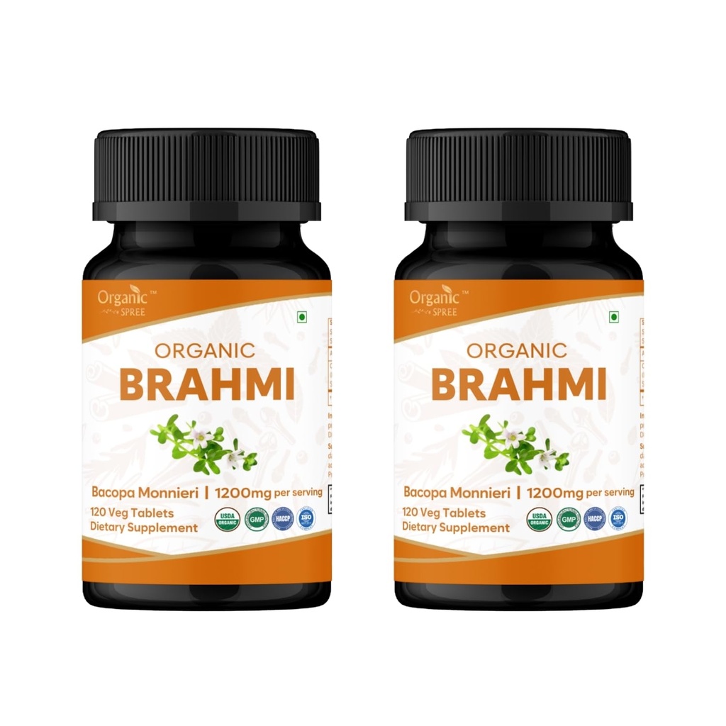 Brahmi 120 tabletter - USDA Organic Bacopa Monnieri supplement - Understøtter fokus, ro og hukommelse - Herbal Nootrop * - pakke af 2