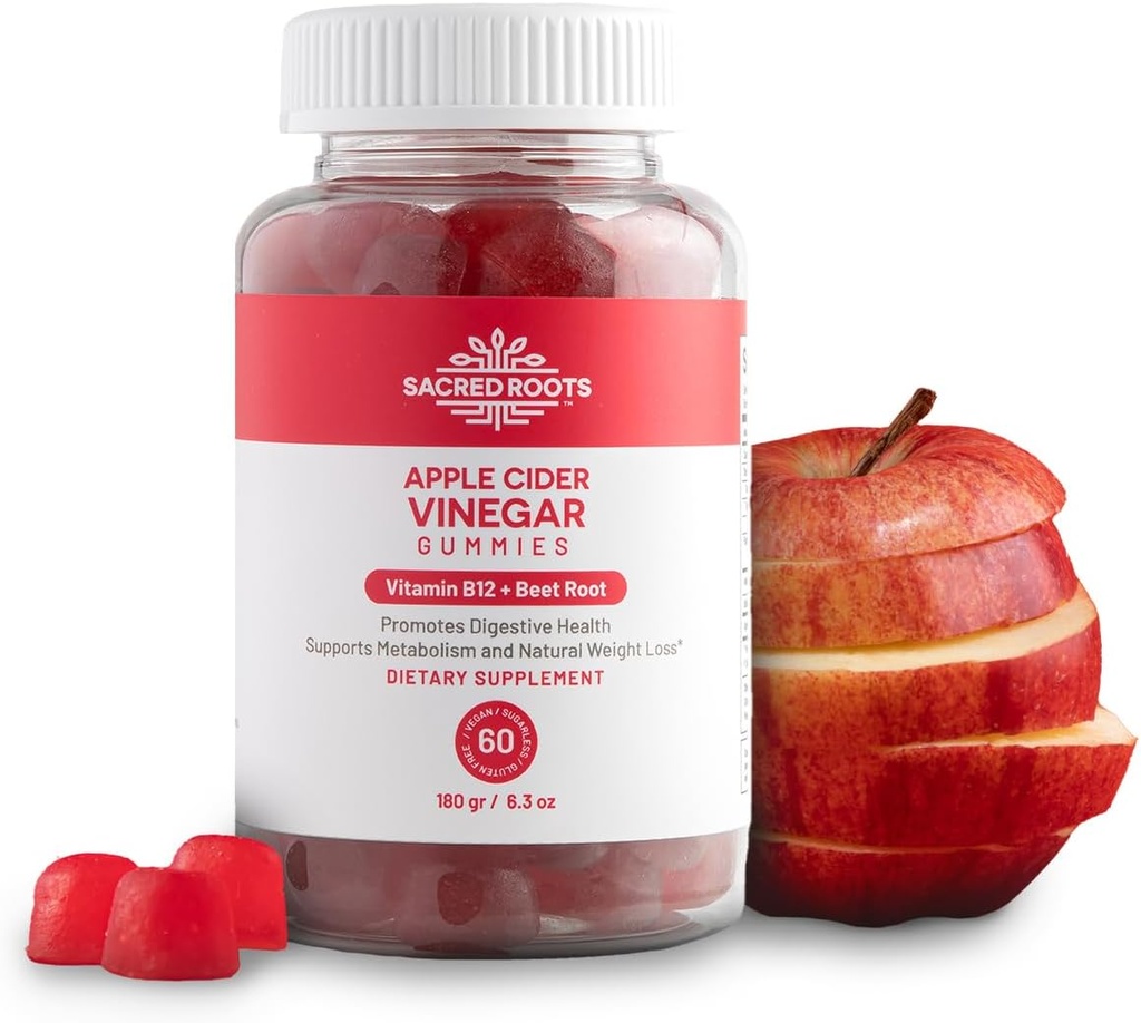 Apple Cider Vincipe Gummies - Sukker gratis Apple Cider Gummies med vitamin B12 og Beetroot Powder - Vegan, Non- GMO & Gluten- Gratis, Lavet i USA (30 Servere)