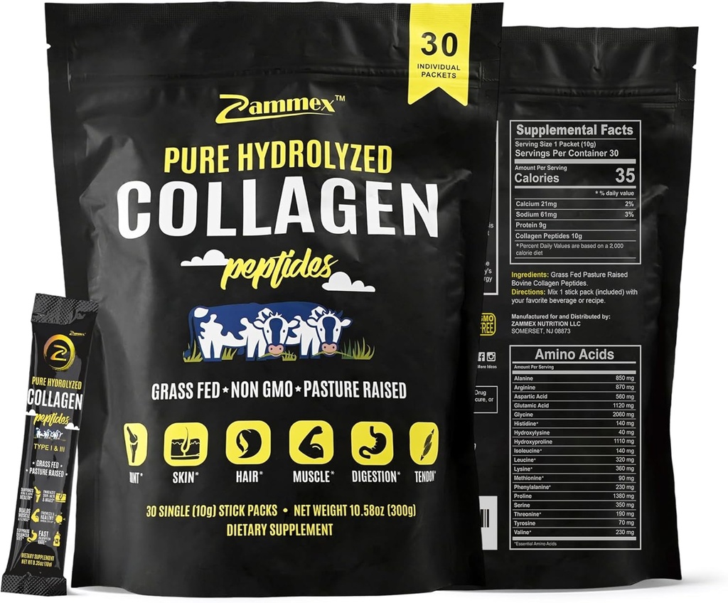 Zammex Premium Collagen Peptider Powder, 30 Sticks Travel Packets (Type I, III), Unflavored Collagen Protein Powder to Go, Hydrolyzed Collagen Peptid til hud hårsøm Fælles, 10g pr Servering