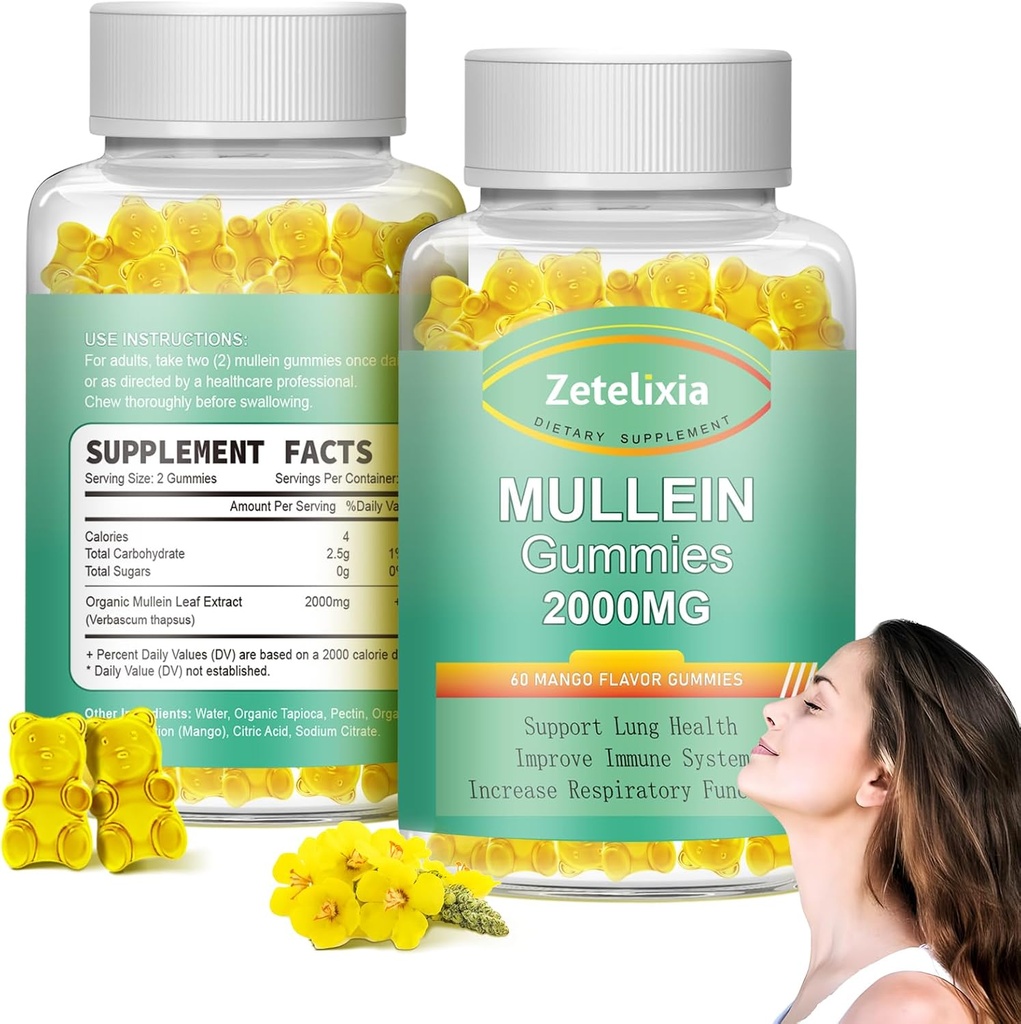 2 Pack Mullein Gummies - Mullein Leaf Extract for Lungs, Lung Detox Rensning for Rygere, Mullein Lung Support Supplement for immunforsvar, Mucus Relief, 120 Sugar Free Vegan Gummies