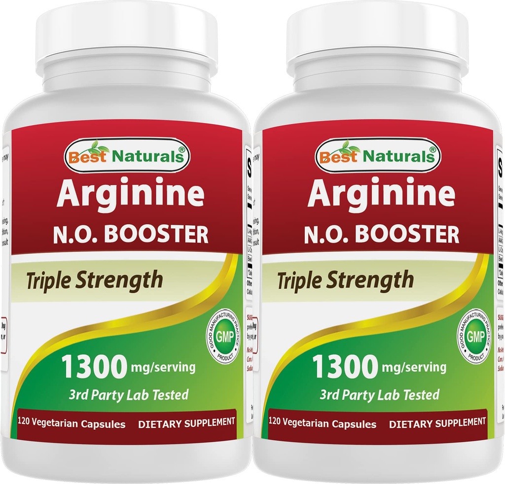 Bedste Naturals L- Arginin NO Booster Triple Strength 1300 mg Serving 120 Veg Kapsler (120 Count (pakke med 2))