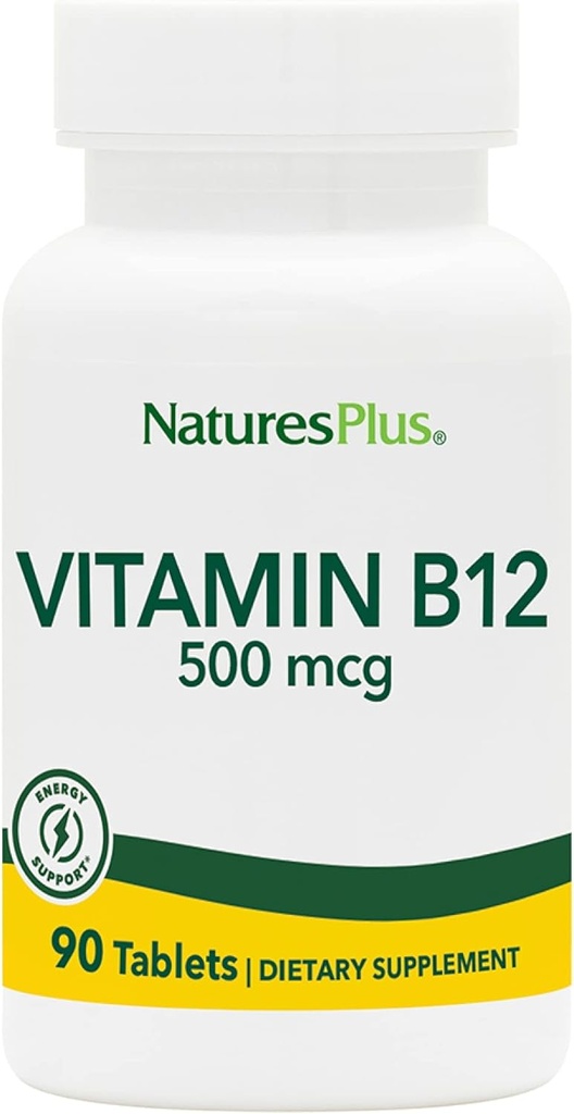 Natures Plus Vitamin B12 (Methylcobalamin) - 500 mcg, 90 Vegetariske tabletter -High Potency Red Blood Cell Support - Natural Energy Booster, fremmer den samlede sundhed - Gluten- Free - 90 Servere