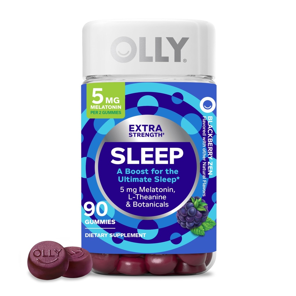 OLLY Extra Strength Sleep Gummy 5 mg Melatonin, L- Theanin, Kamille, Lemon Balm Ekstrakter, Søvnhjælp, BlackBerry Flavor - 90 Greve