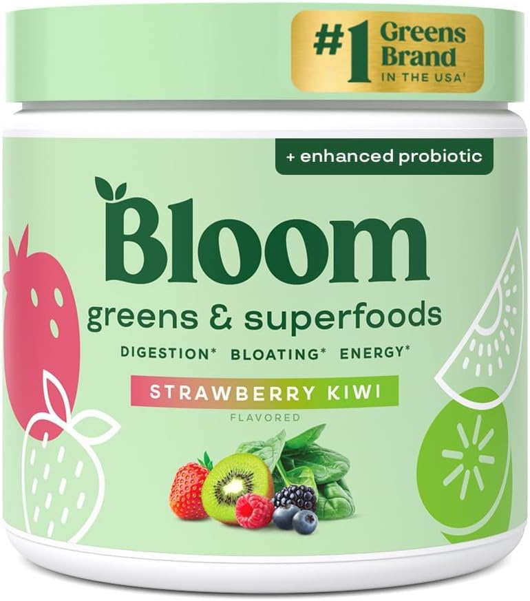 Bloom Nutrition Greens and Superfoods Powder for Digestive Health, Greens Powder, Digestive Enzymes, Probiotics, Spirulina, Chlorella for Bloating & Gut Support, Green Juice, 30 SVG, Strawberry Kiwi