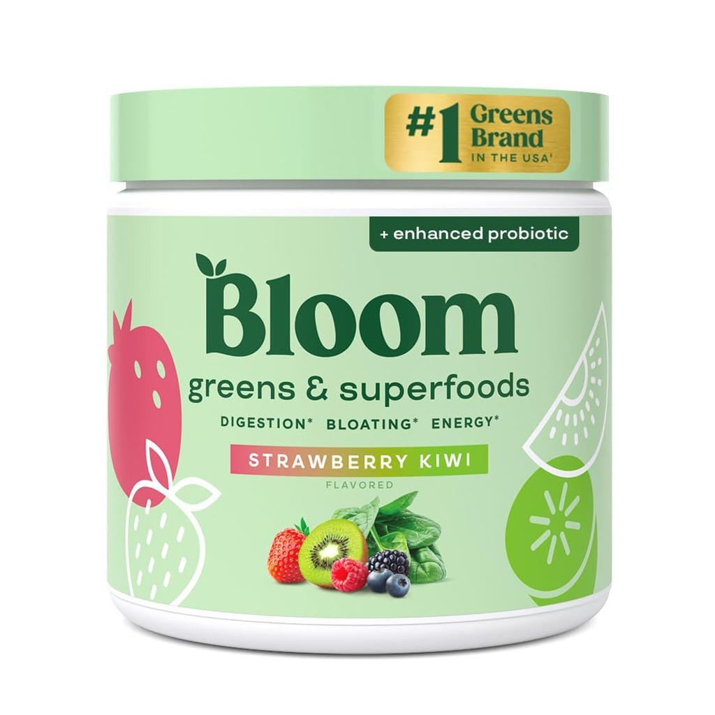 Bloom Nutrition Greens og Superfoods Powder for fordøjelsessygdomme, Green Powder, fordøjelsesenzymer, probiotika, Spirulina, Chlorella for Bloating & Gut Support, Green Juice, 30 SVG, Jordbær Kiwi