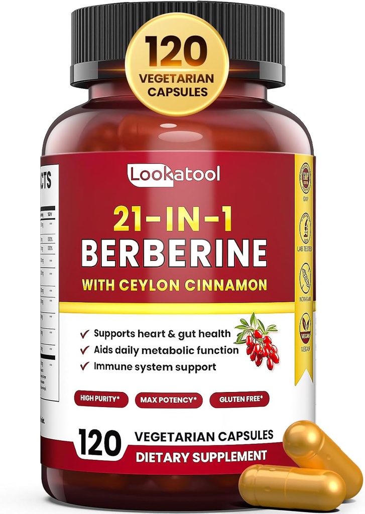 21 - in-1 Berberine tillæg med Ceylon kanel - Økologisk berberine HCL Phytosome, 5X Højere Absorption for Metabolisme Support 120 Kapsler