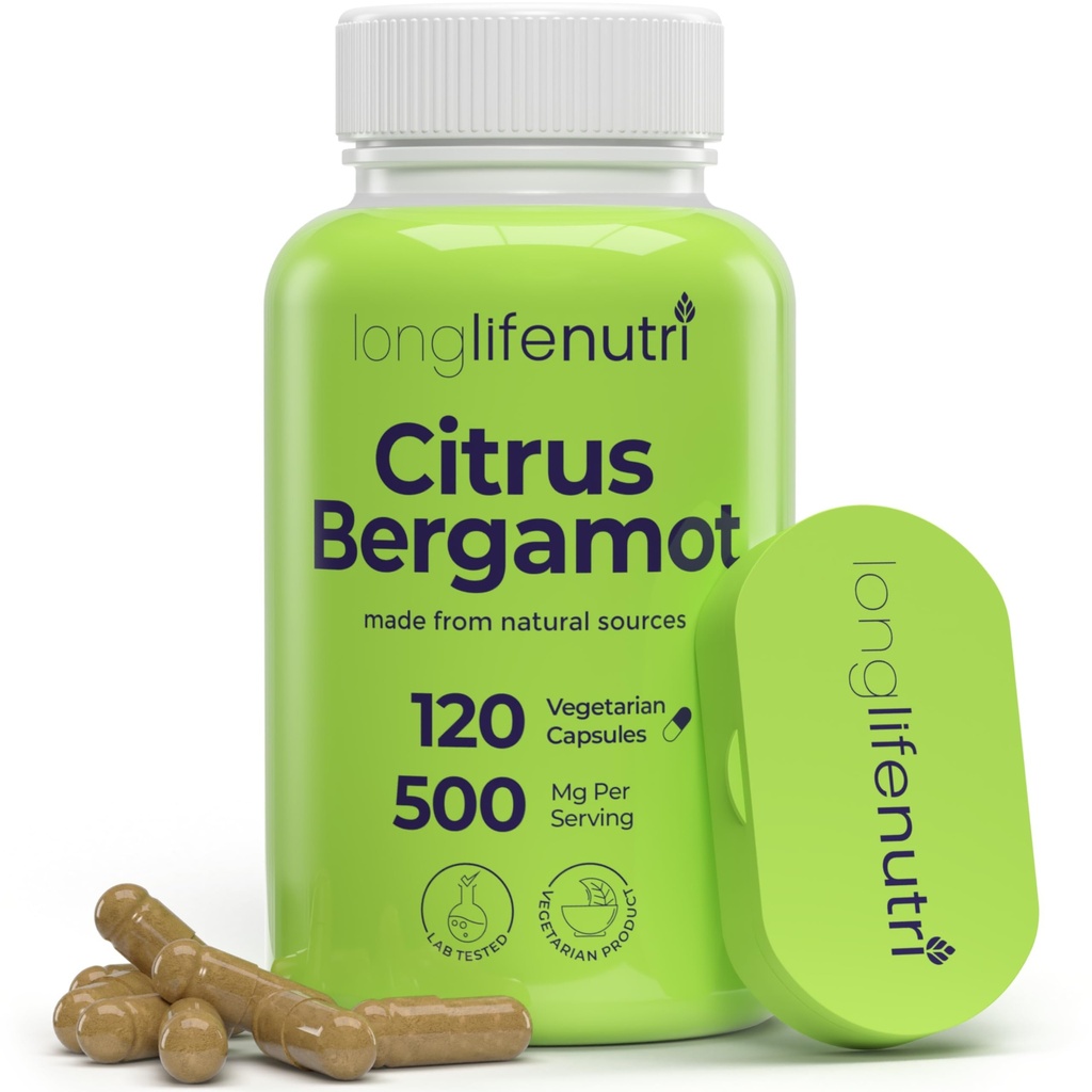 LongLifeNutri Citrus Bergamot Extract 500mg - 120 Vegetariske Kapsler, 40% Polyphenolske Flavanoner, 4-måned Supply, Plant- baserede Antioxidant, Testet, Made in USA