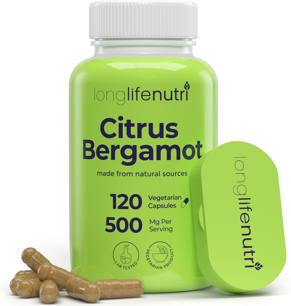 LongLifeNutri Citrus Bergamot Extract 500mg - 120 Vegetariske Kapsler, 40% Polyphenolske Flavanoner, 4-måned Supply, Plant- baserede Antioxidant, Testet, Made in USA