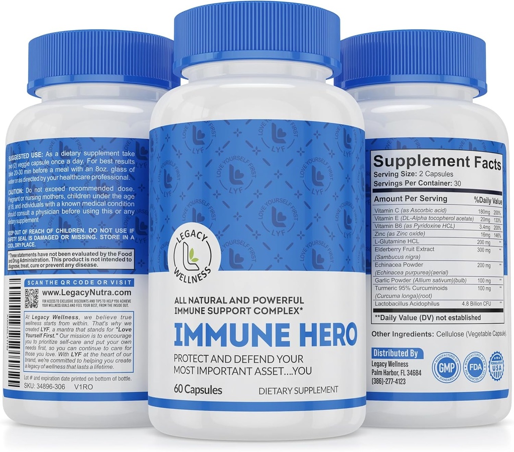 Immun Hero immunsupport - Immunsystemet Vitamin C, E, B6, Zink, L- Glutamin, Echinacea, Hvidløg, Gurkemeje + Elderberry Capsules + Probiotika til Gut Health Protection, Vegan