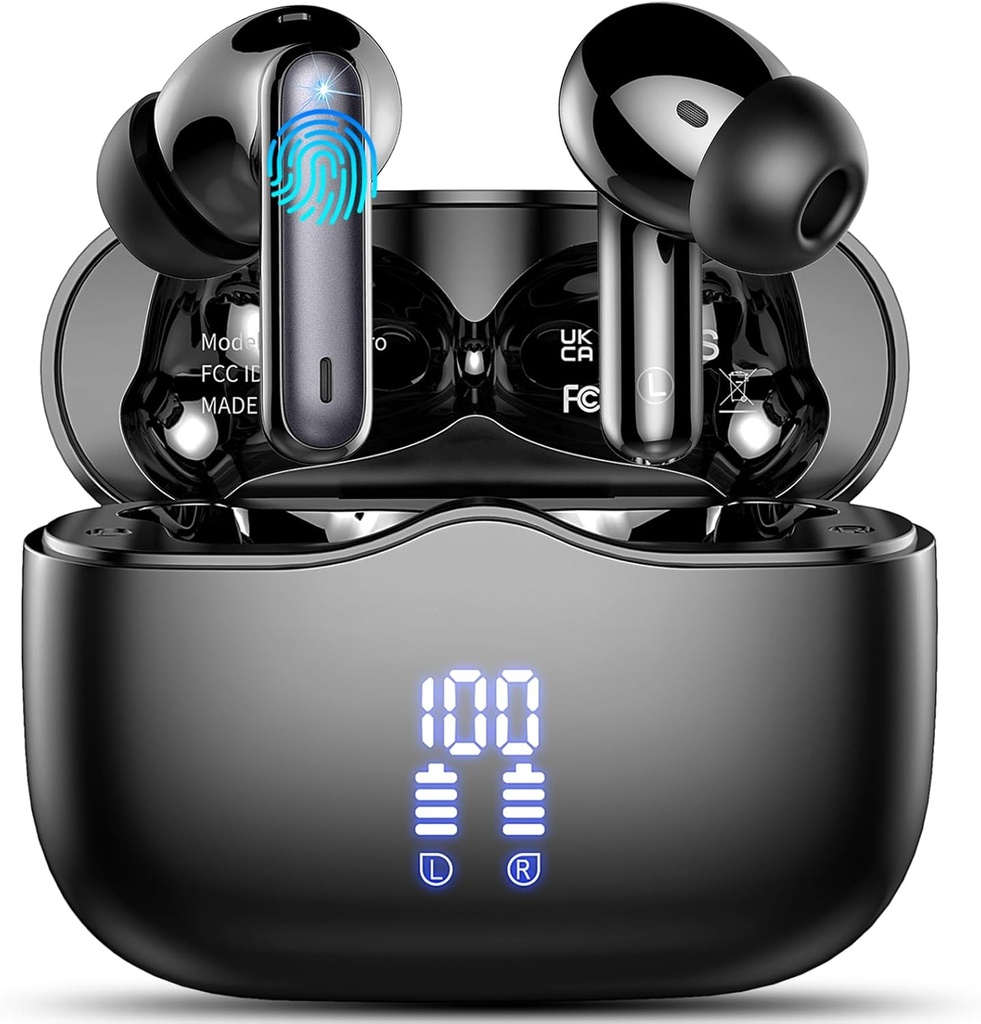 Trådløse øresnegl, Bluetooth 5.3 Hovedtelefoner i Ear med 4 ENC Støj Annullering Mic, HiFi Stereo Deep Bass Trådløse Earphones 40H Playtime, in- Earbud Bluetooth Dual LED Display IP7 Vandtæt, USB- C