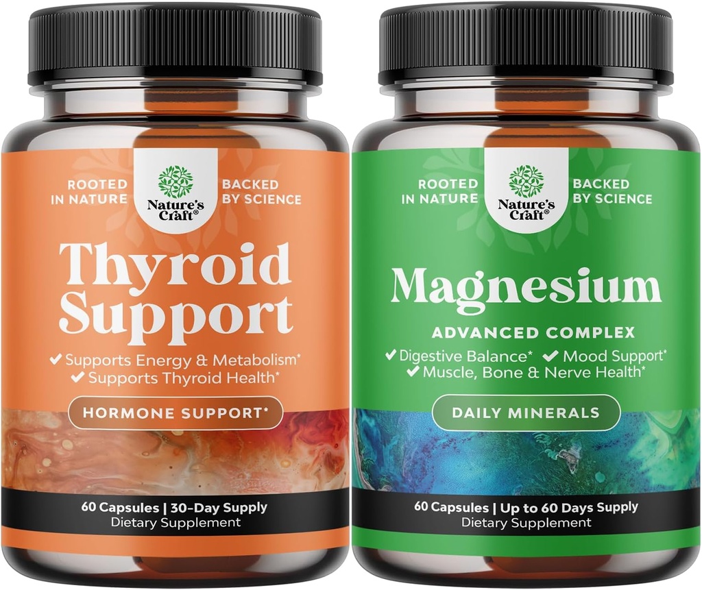 Bundle of Herbal Thyroid Support Complex and High Absorption Magnesium Complex - Mood Enhancer Energy Supplement for Thyroid Health - with Magnesium Oxide for Sleep Stomach Digestion and Mood Support