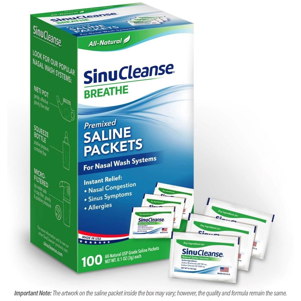 SinuCleanse Pre- Mixed Saline Pakninger til Sinus Rinse og Nasal Vandingssystemer, 100 Greve, Made in USA, All- Natural, Pharmaceutical Grade og PH Balanceret