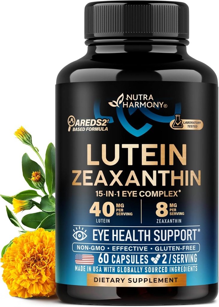Eye Vitamin - Lutein og Zeaxanthin Kosttilskud - AREDS2 baseret supplement til seniorer & voksne - Eye Health & Vision Support - Safran, Zink, Vitamin, Kobber, Super Green - Lavet i USA, 60 kapsler