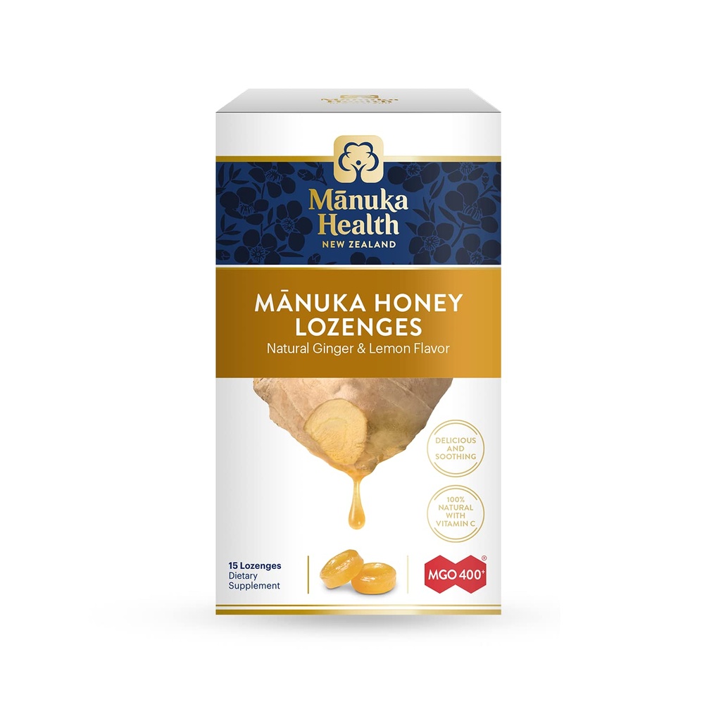 Manuka Health Manuka Honey Lozenges - 15 Lemon og Ginger Flavored Lozenges - Natural Throat Lozenges Infunderes med rå Manuka honning og C-vitamin til immunforsvar