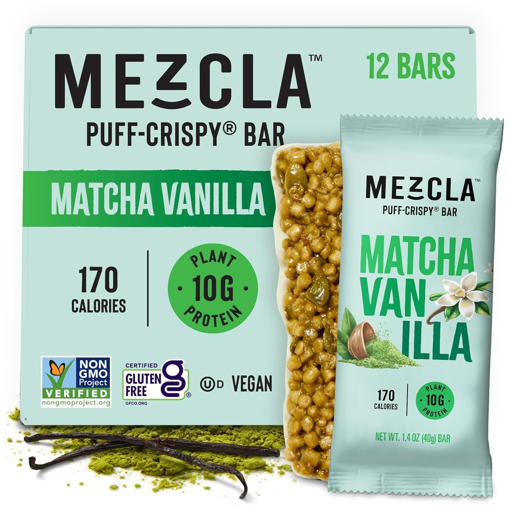 Mezcla Puff Crispy Protein Bars, Gluten Free & Vegan Protein Bars, 10g Protein, Alt for Crispy Rice Treat, Granola Bars & Breakfast Bars, Sunde Snacks for voksne, Matcha Vanilla, 12 Pack