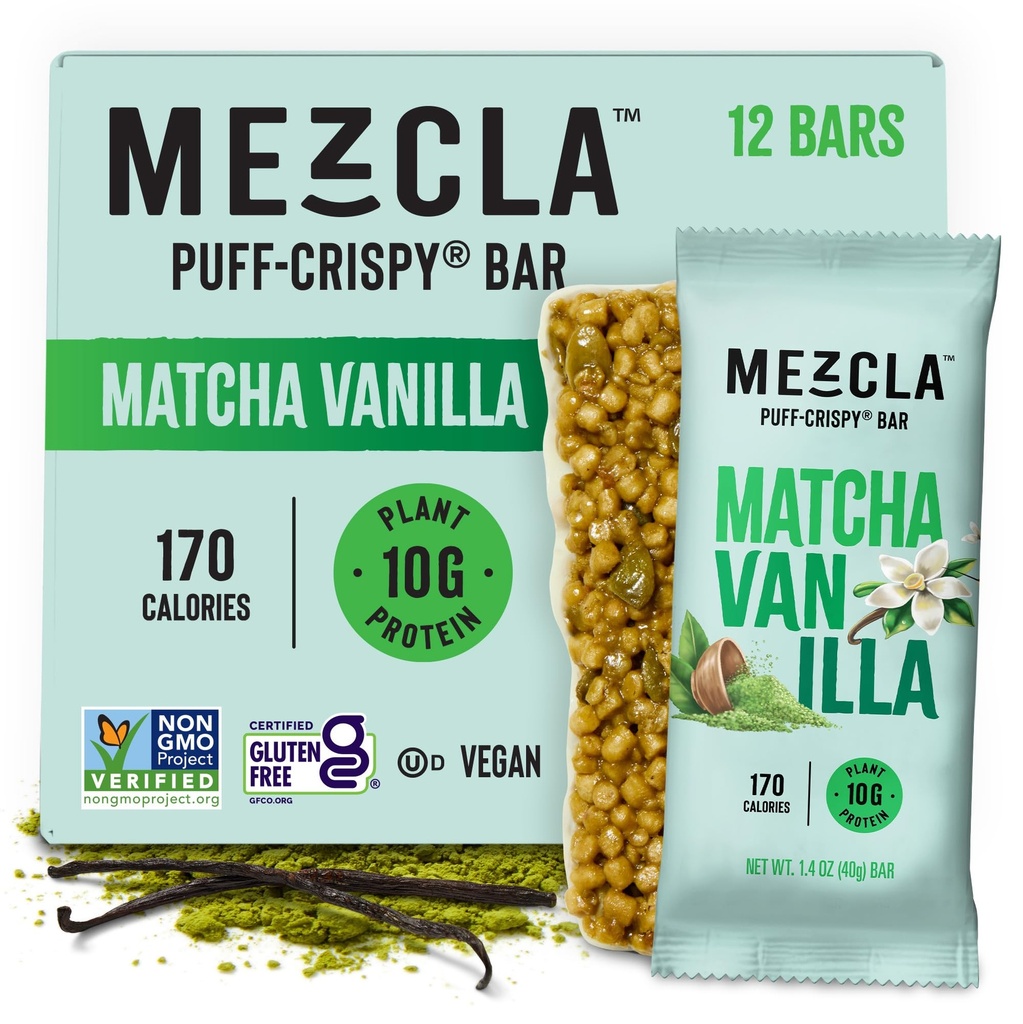 Mezcla Puff Crispy Protein Bars, Gluten Free & Vegan Protein Bars, 10g Protein, Alt for Crispy Rice Treat, Granola Bars & Breakfast Bars, Sunde Snacks for voksne, Matcha Vanilla, 12 Pack
